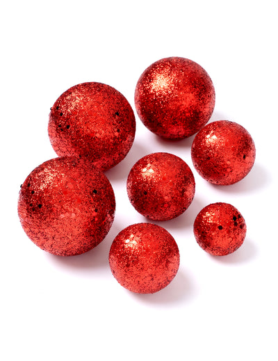 7 bolas vermelhas com glitter de 3,5 a 6,5 cm