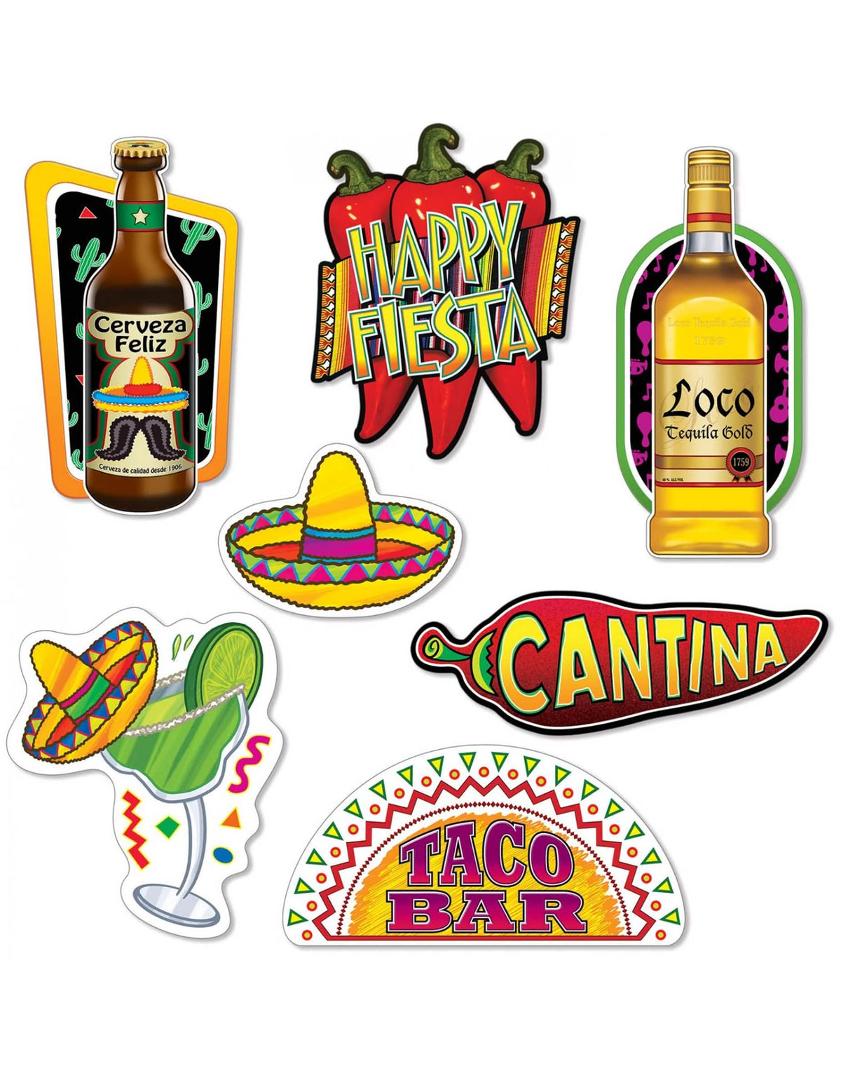 7 recortes em cartão festa mexicana multicolores com motivos sombrero e garrafas
