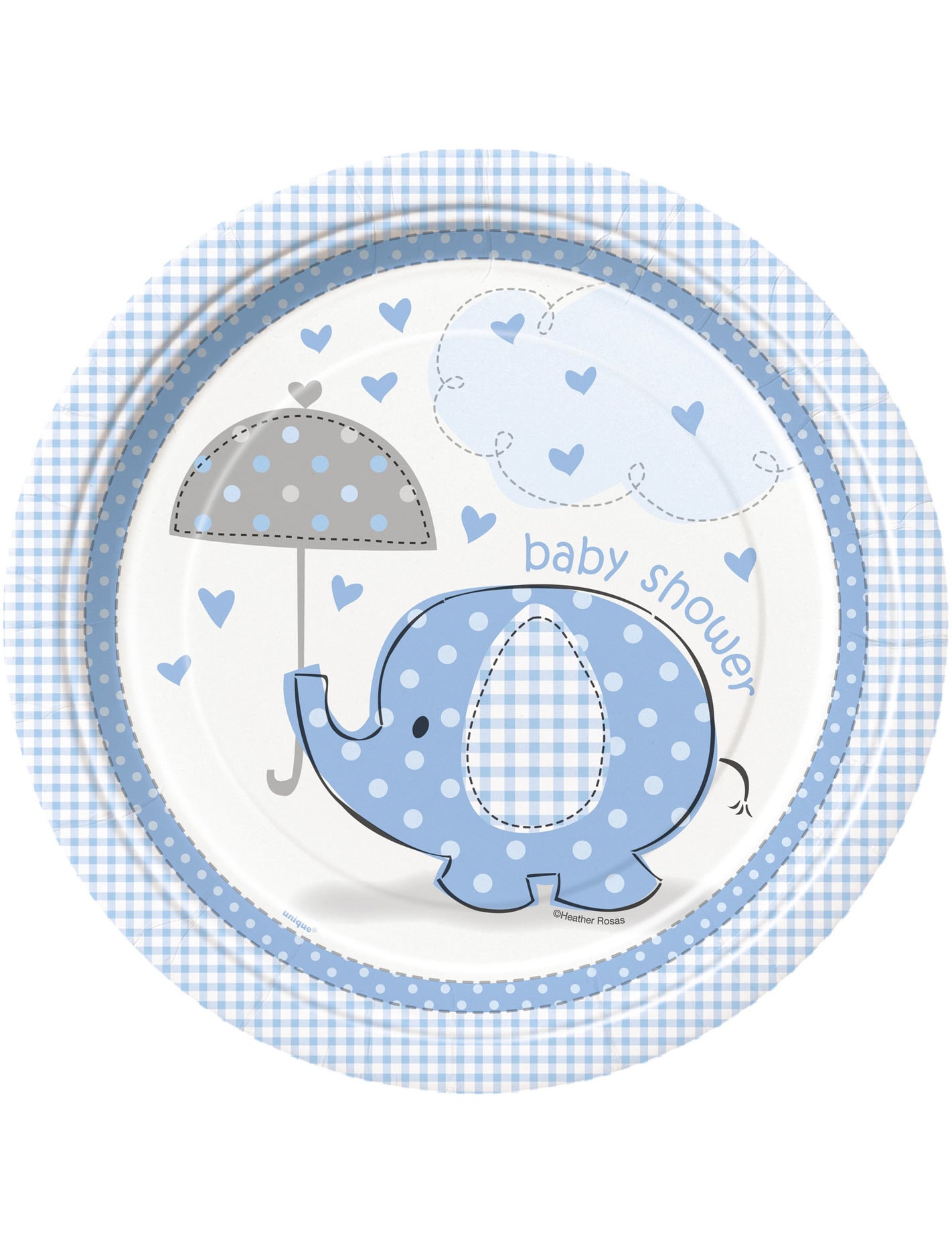 Assiettes en carton éléphant pour baby shower garçon bleu avec motif parapluie