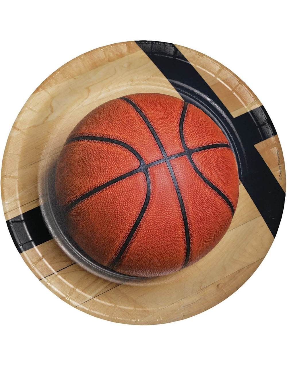 pratos de cartão com balão de basquetebol para festa tema desporto cor de laranja com aspeto de parquet de madeira
