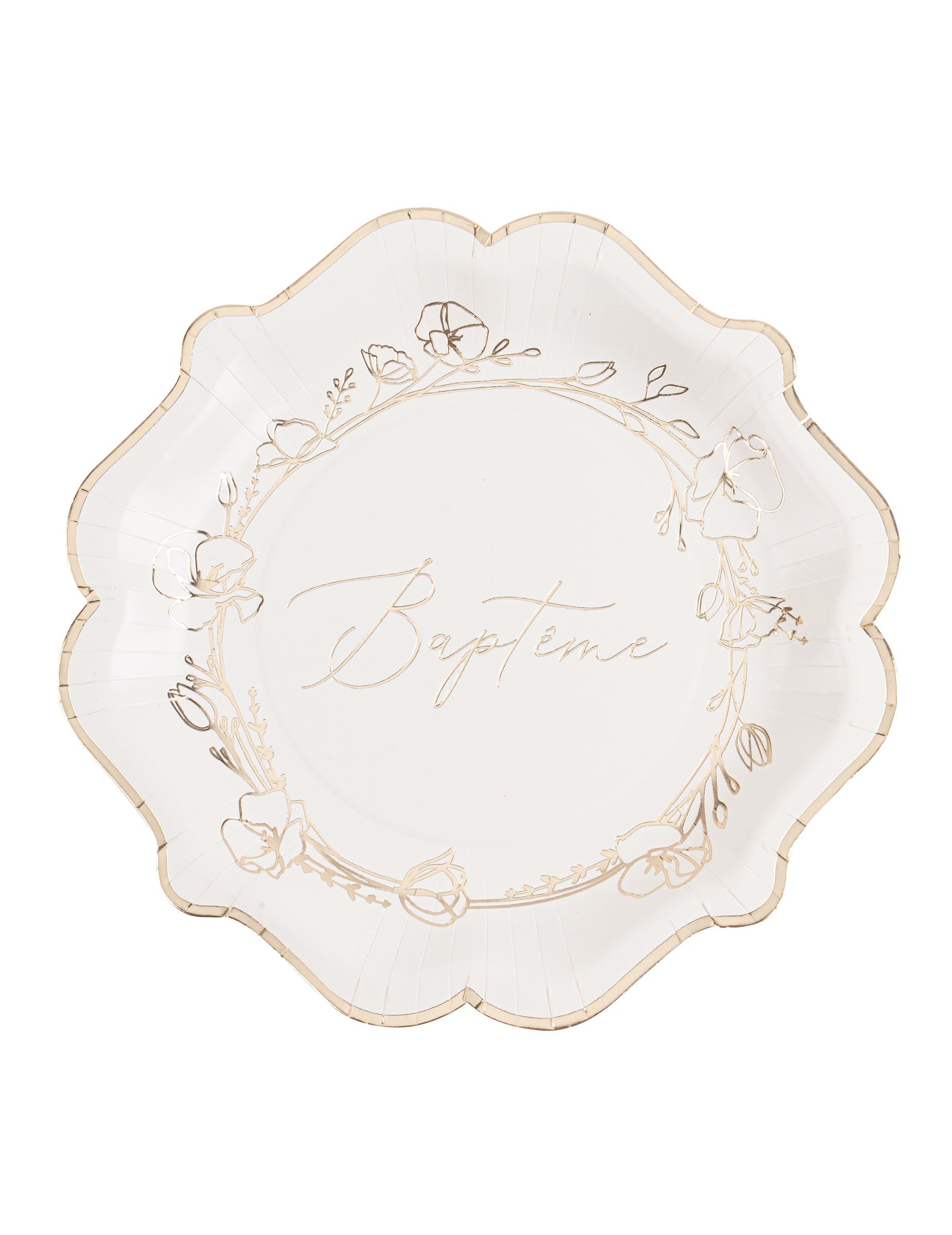 Assiettes en carton baptême blanches avec fleurs dorées
