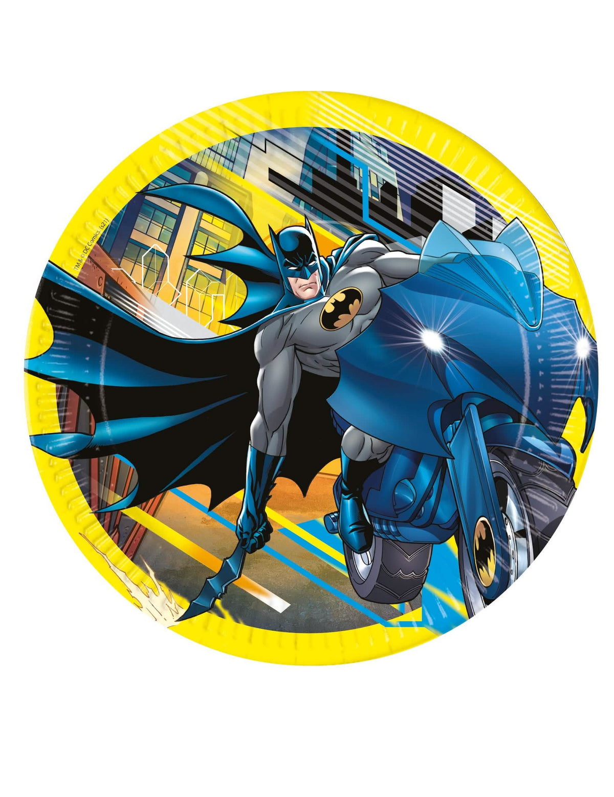 pratos de cartão Batman para aniversário amarelo com Batman na sua moto