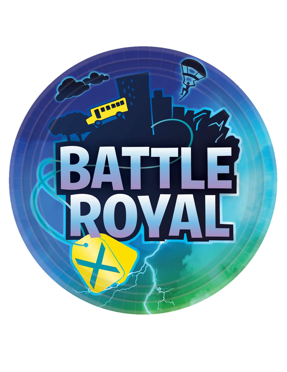 pratos em cartão Battle Royale para aniversário azul e verde com decoração urbana e autocarro amarelo
