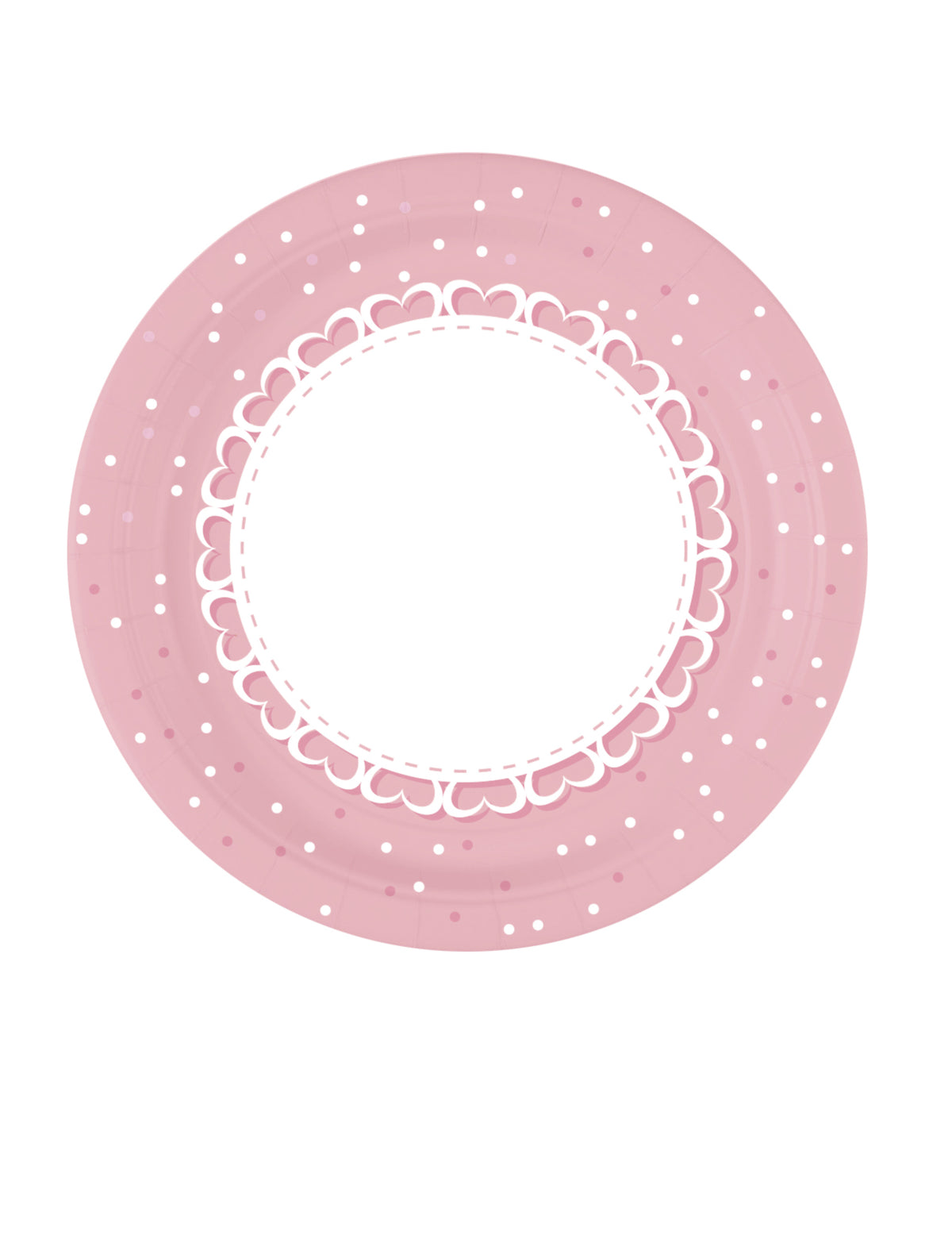 Assiettes en carton cœurs roses avec pois et bordure blanche