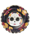 Assiettes festonnées en carton Dia de los muertos pour fête noir et doré avec motif tête de mort fleurie