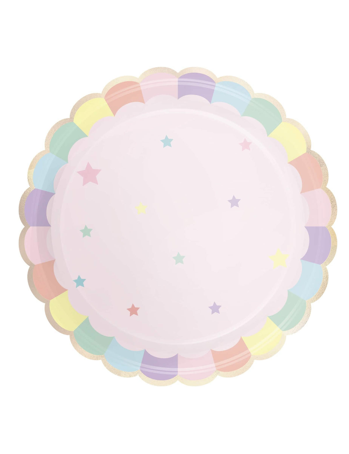 pratos festonados em cartão estrelas arco-íris cor de rosa pastel