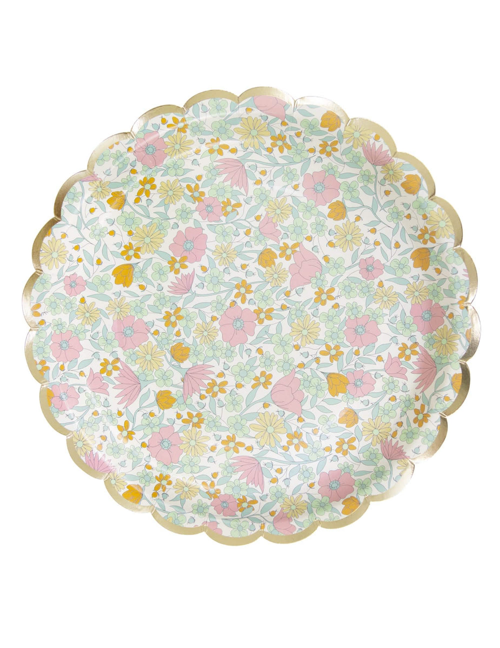 pratos festonados em cartão shabby com flores dourado