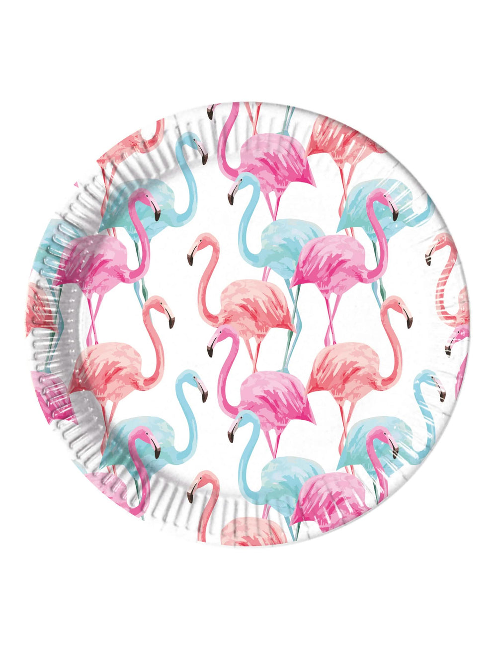 pratos de cartão com flamingos coloridos para festa, rosa e azuis, compostáveis