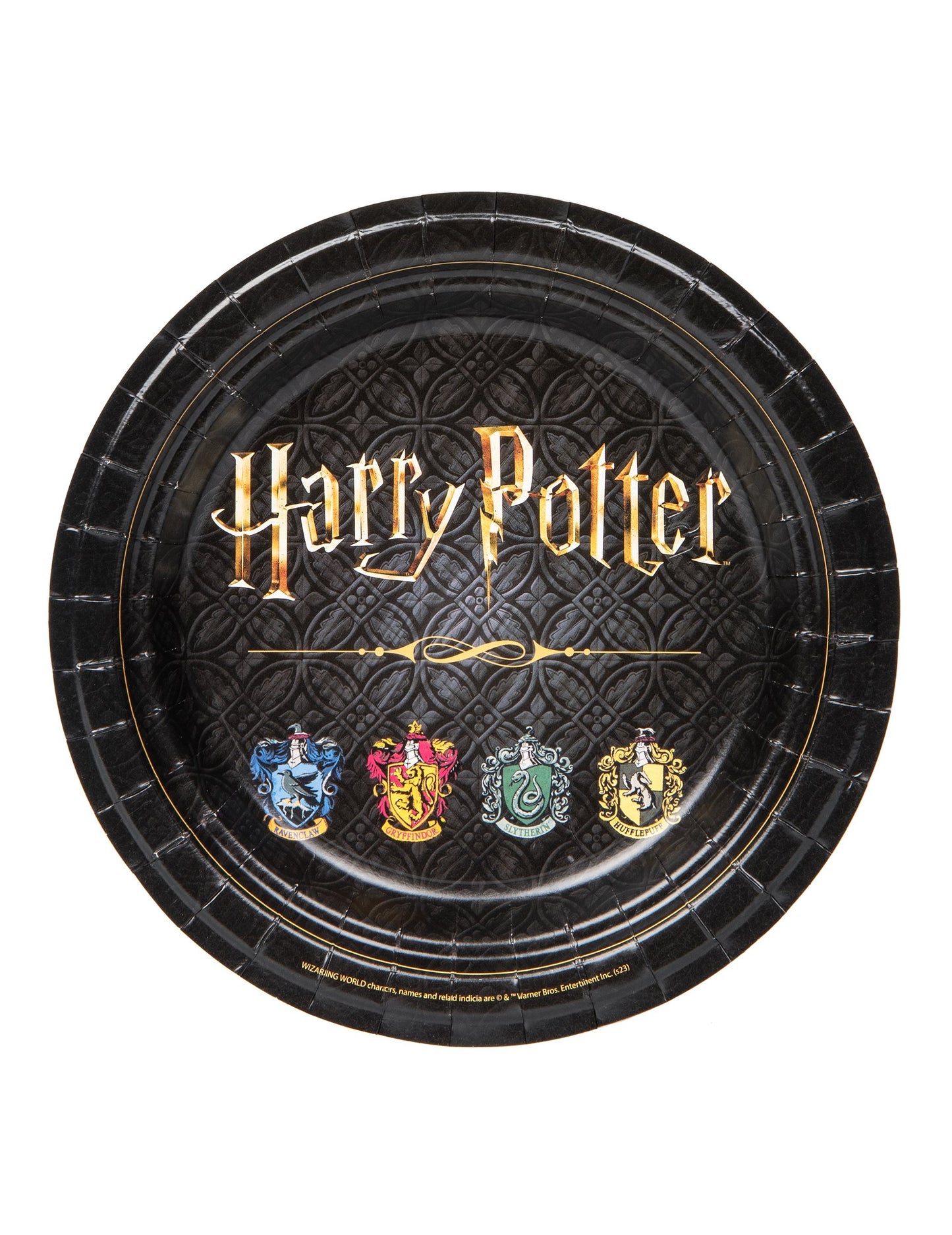 Assiettes en carton Harry Potter noires et or avec blasons des quatre maisons