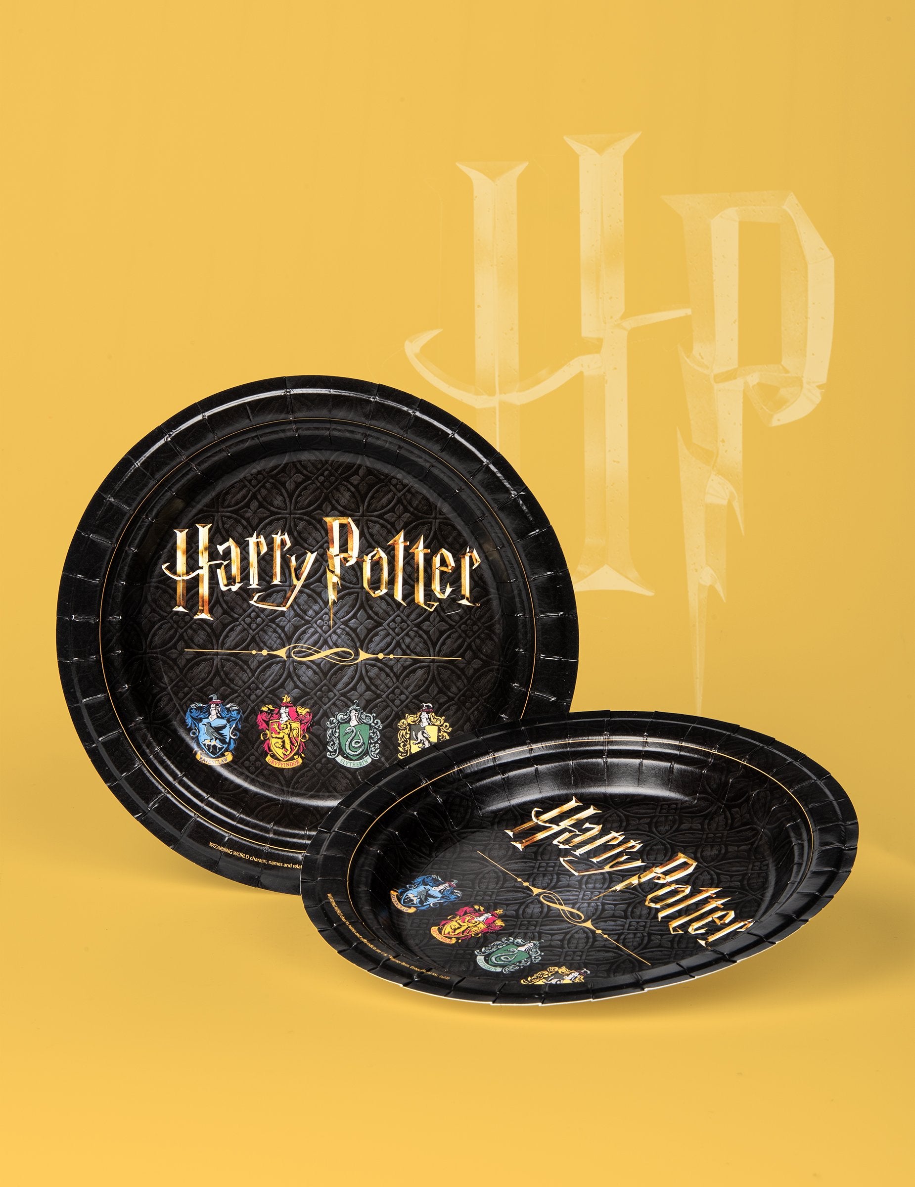 Vue de trois-quarts des assiettes en carton Harry Potter