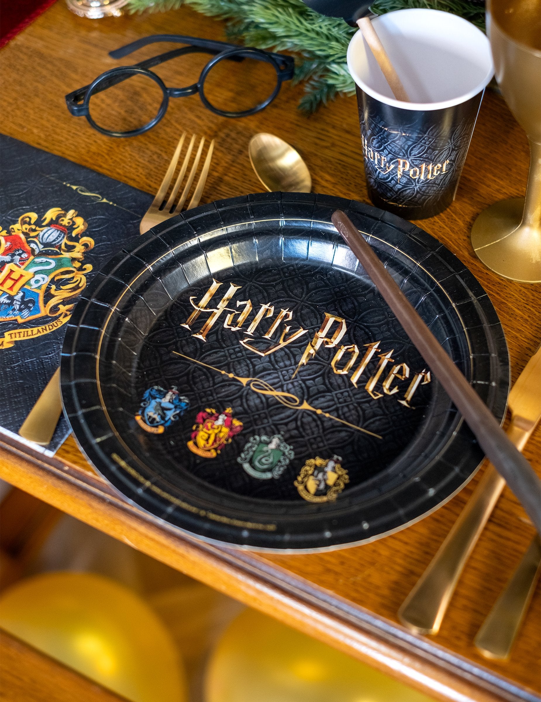 Vue rapprochée avec accessoires des assiettes en carton Harry Potter