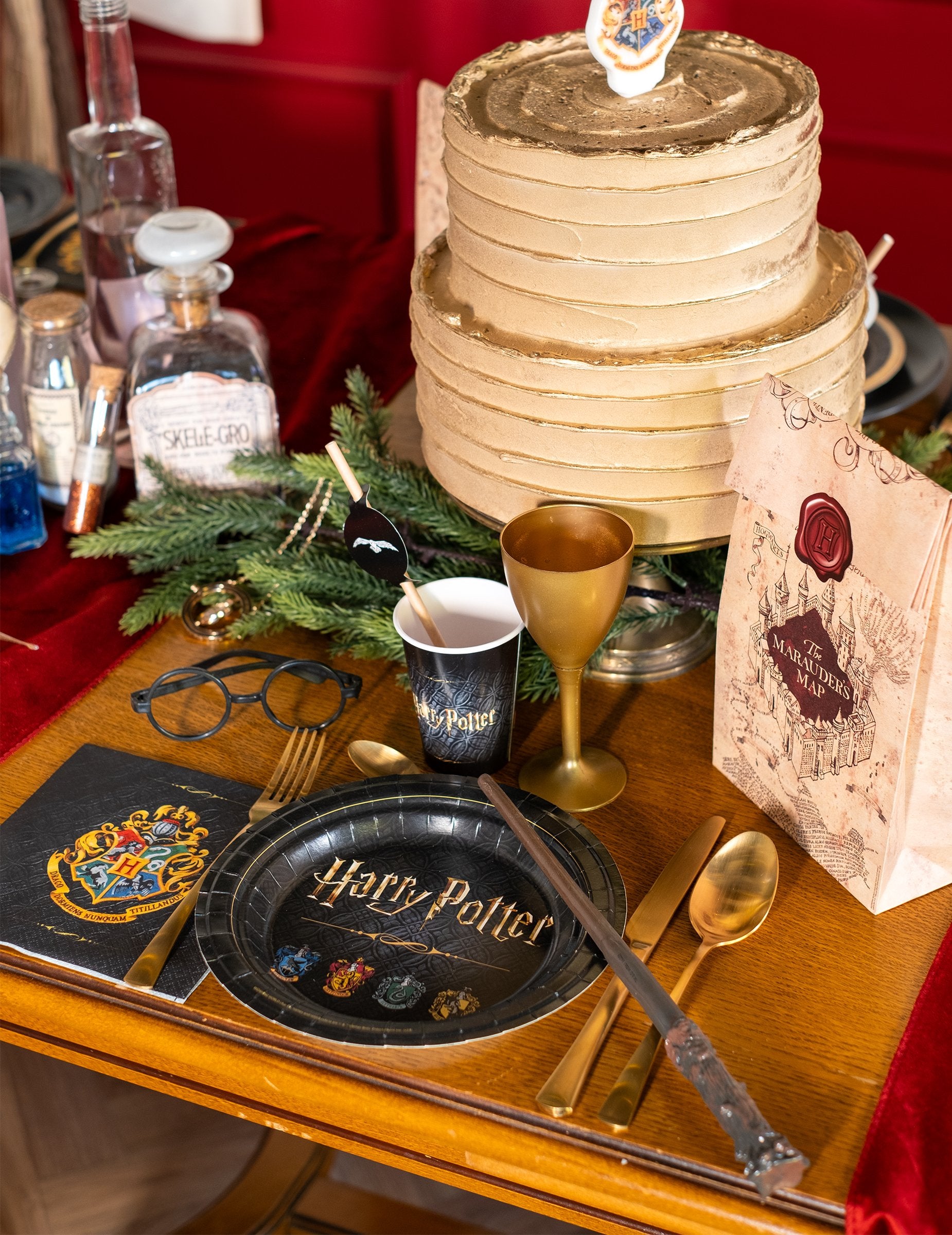 Mise en situation sur une table de fête des assiettes en carton Harry Potter