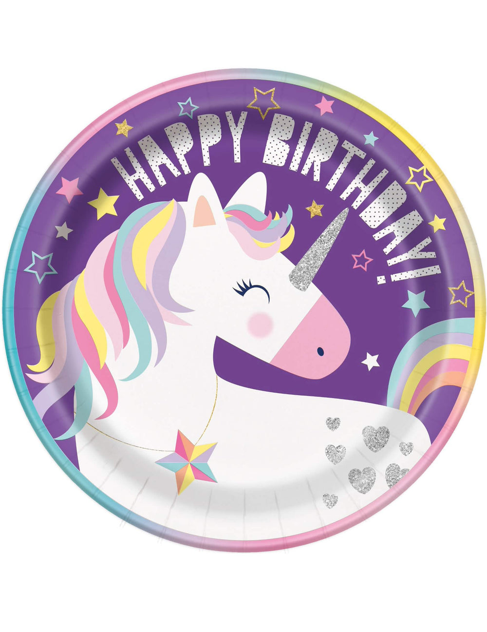 pratos de cartão Happy Birthday unicórnio party para aniversário menina violetas com detalhes com brilhantes