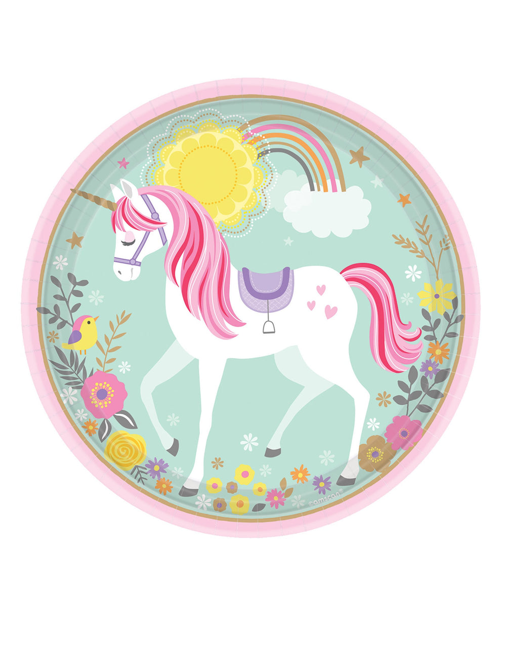 Assiettes en carton jolie licorne magique pour enfant rose et bleu pastel avec arc-en-ciel