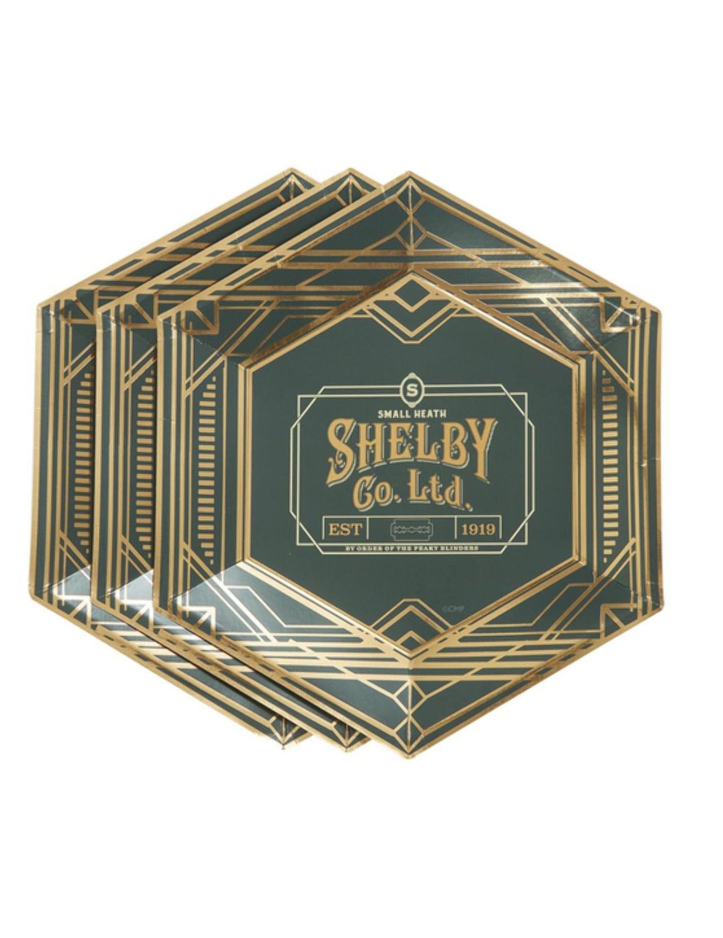 Assiettes en carton Peaky Blinders pour fête vert foncé et doré avec logo Shelby Co Ltd