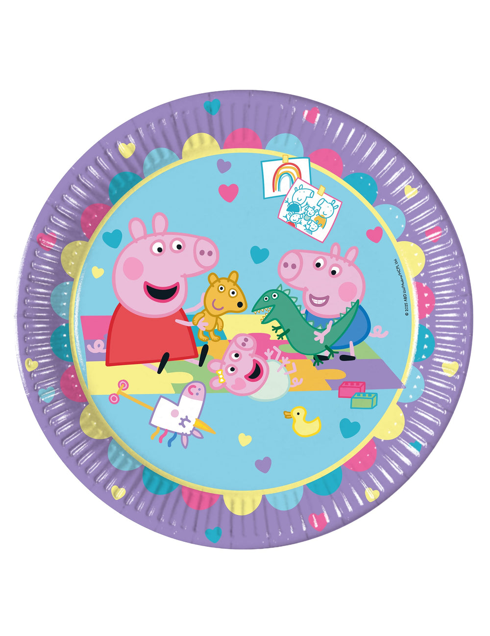 Assiettes en carton Peppa Pig violettes et bleues avec motifs cœurs et personnages
