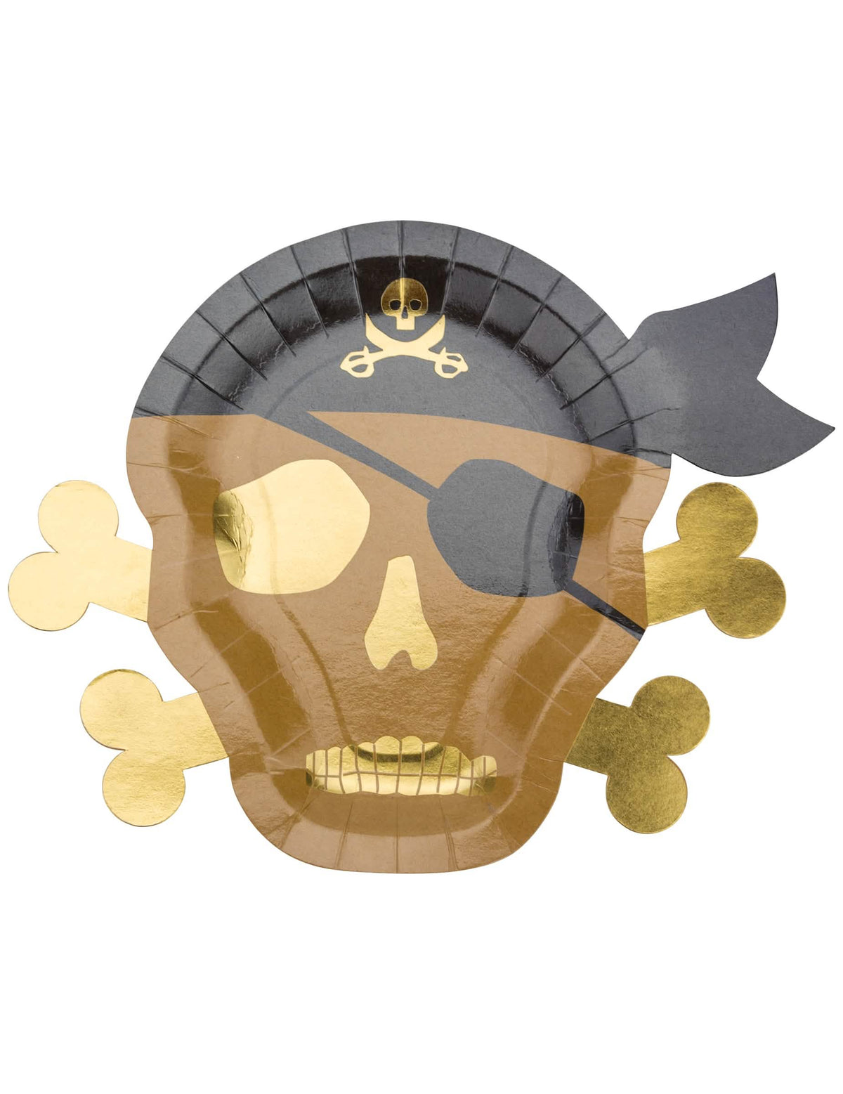 pratos em cartão pirata com caveira para festa castanho kraft e dourado
