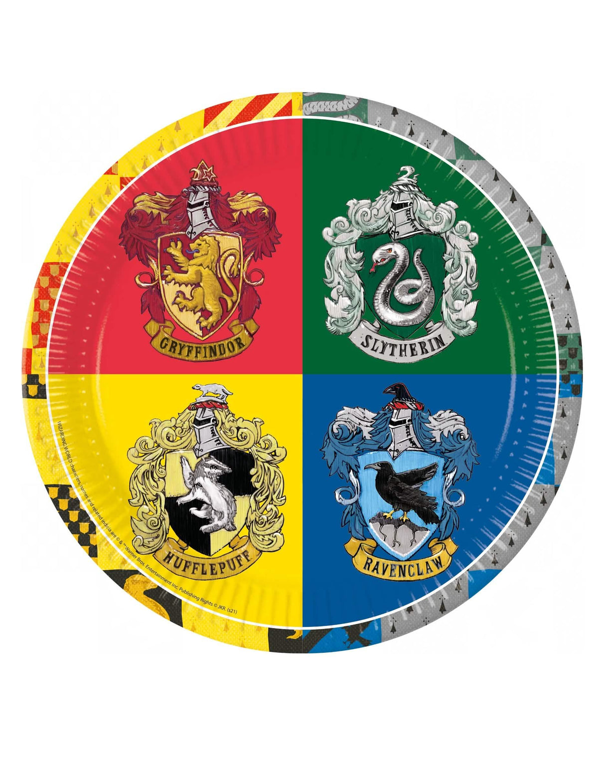 pratos de cartão de Hogwarts Harry Potter para festa multicoloridos com brasões das 4 casas