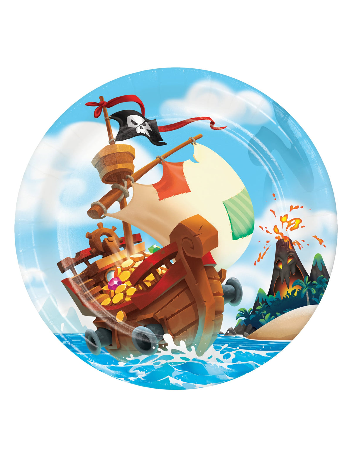 Assiettes en carton trésor de pirate pour anniversaire bleues avec bateau pirate et volcan