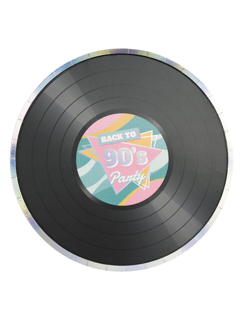 Assiettes en carton vinyle années 90 pour fête noir avec centre multicolore et bordure argentée