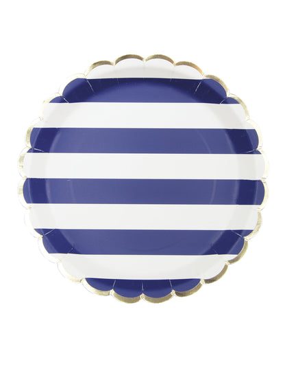 Assiettes festonnées en carton marinière pour fête bleu marine et blanc avec bord doré