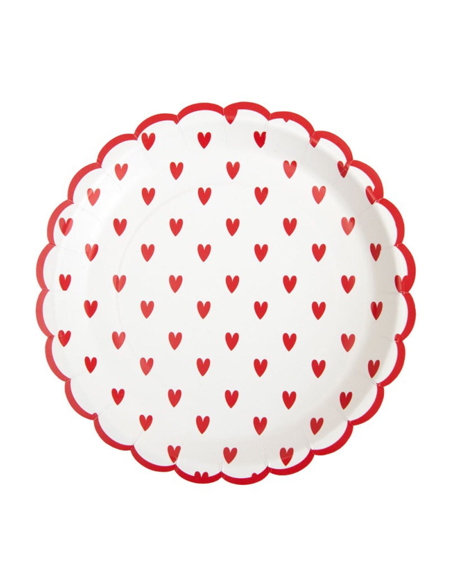 Assiettes en carton festonnées petits cœurs pour fête blanc et rouge
