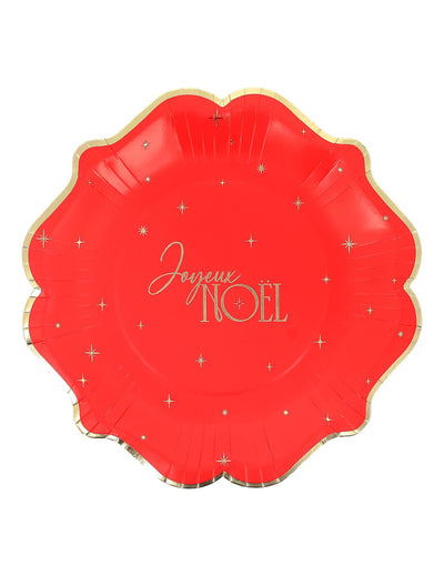 8 pratos Feliz Natal intemporal vermelho e dourado 23 cm