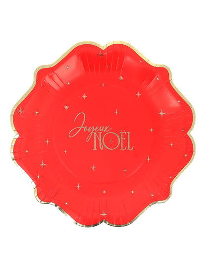 8 pratos Feliz Natal intemporal vermelho e dourado 23 cm