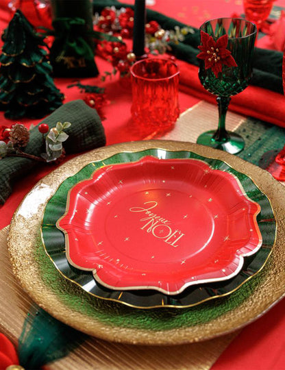 8 pratos Feliz Natal intemporal vermelho e dourado 23 cm