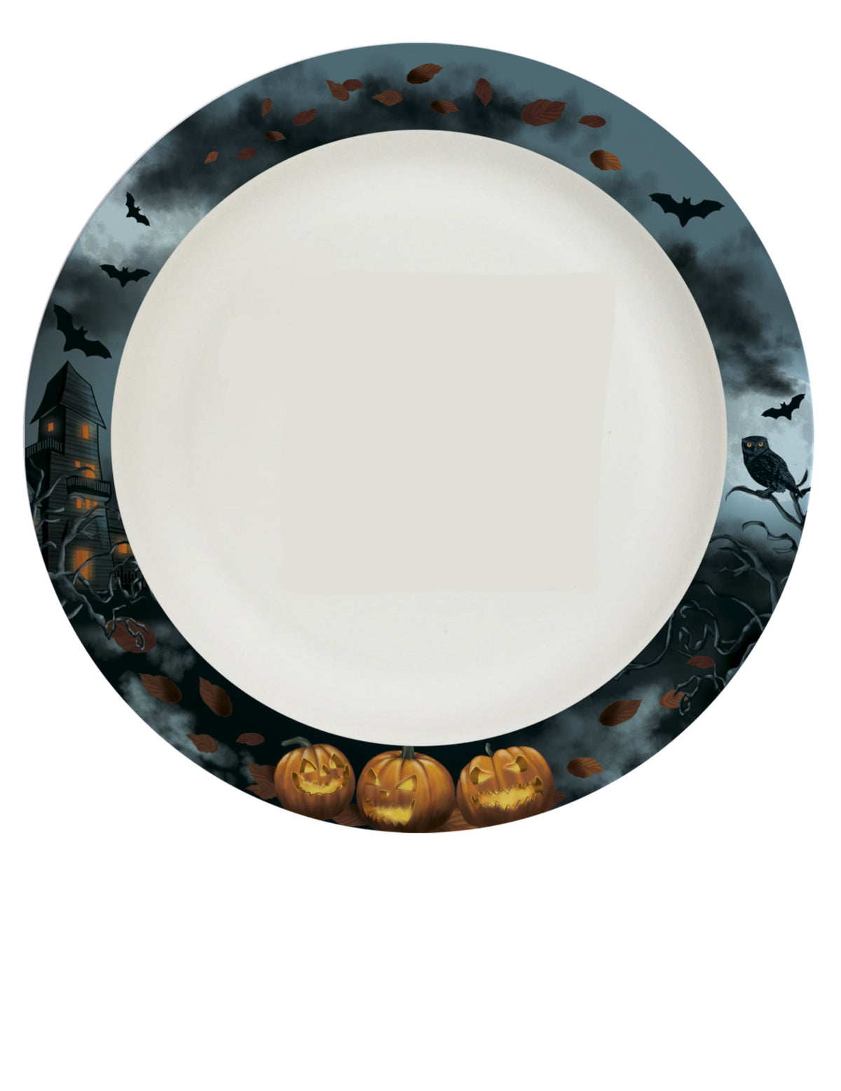 Assiettes en carton manoir hanté pour halloween avec citrouilles et chauves-souris