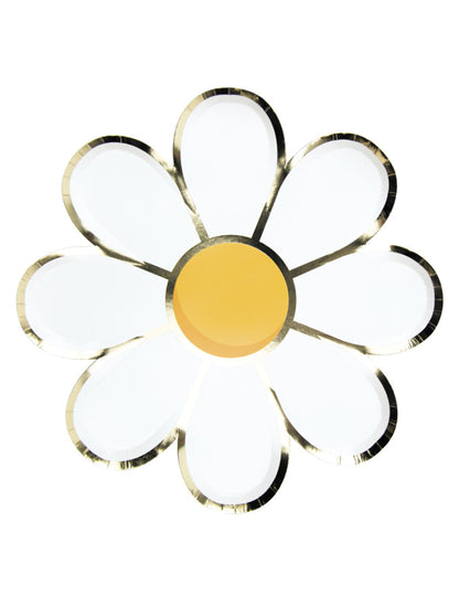 Assiettes en carton Marguerite blanches et dorées avec centre jaune