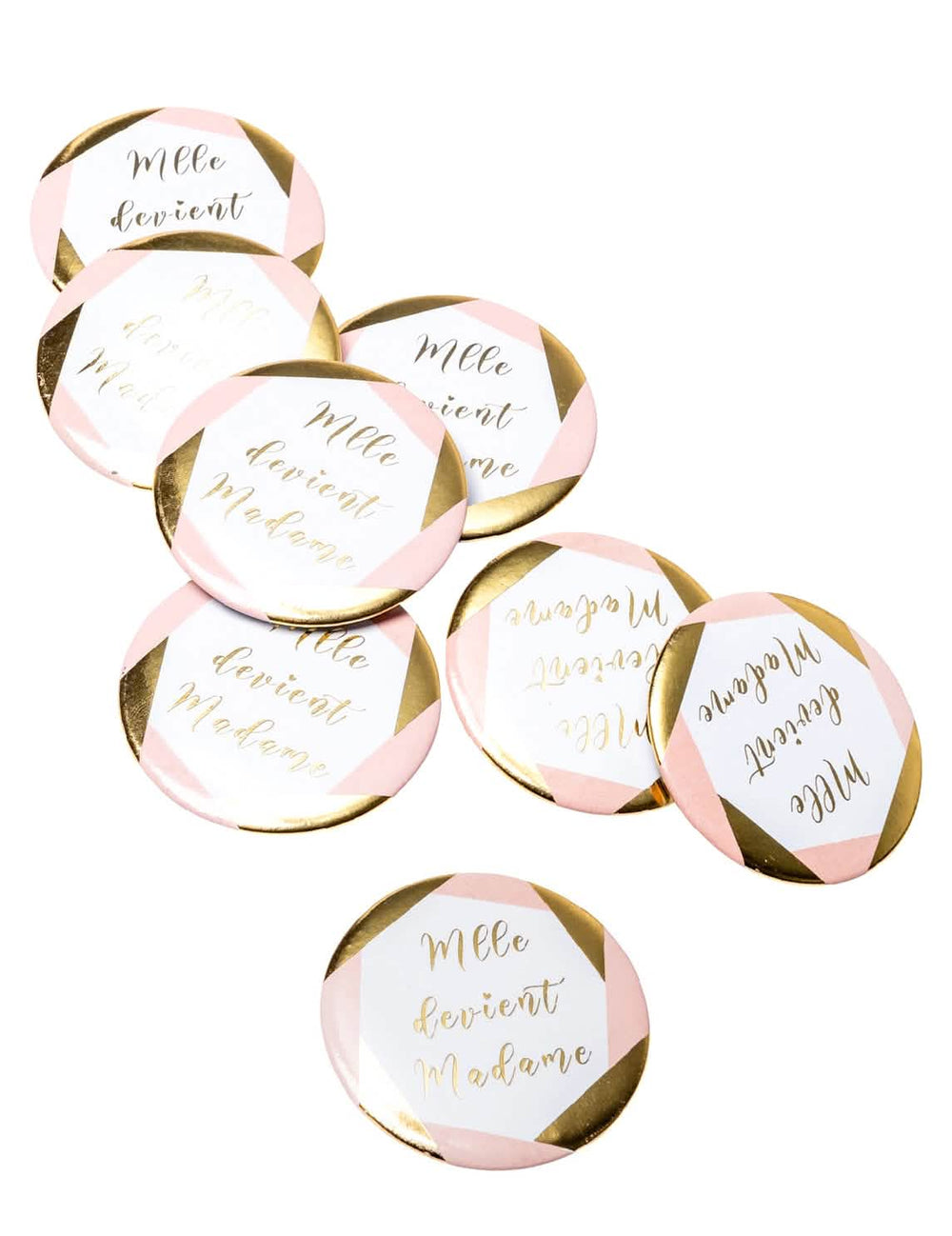 Badges Mlle torna-se madame para despedida de solteira cor de rosa e dourado