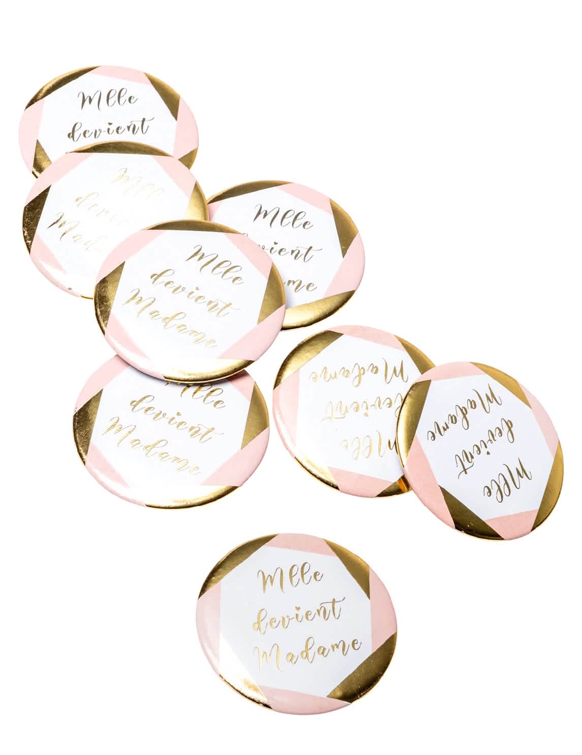 Badges Mlle torna-se madame para despedida de solteira cor de rosa e dourado