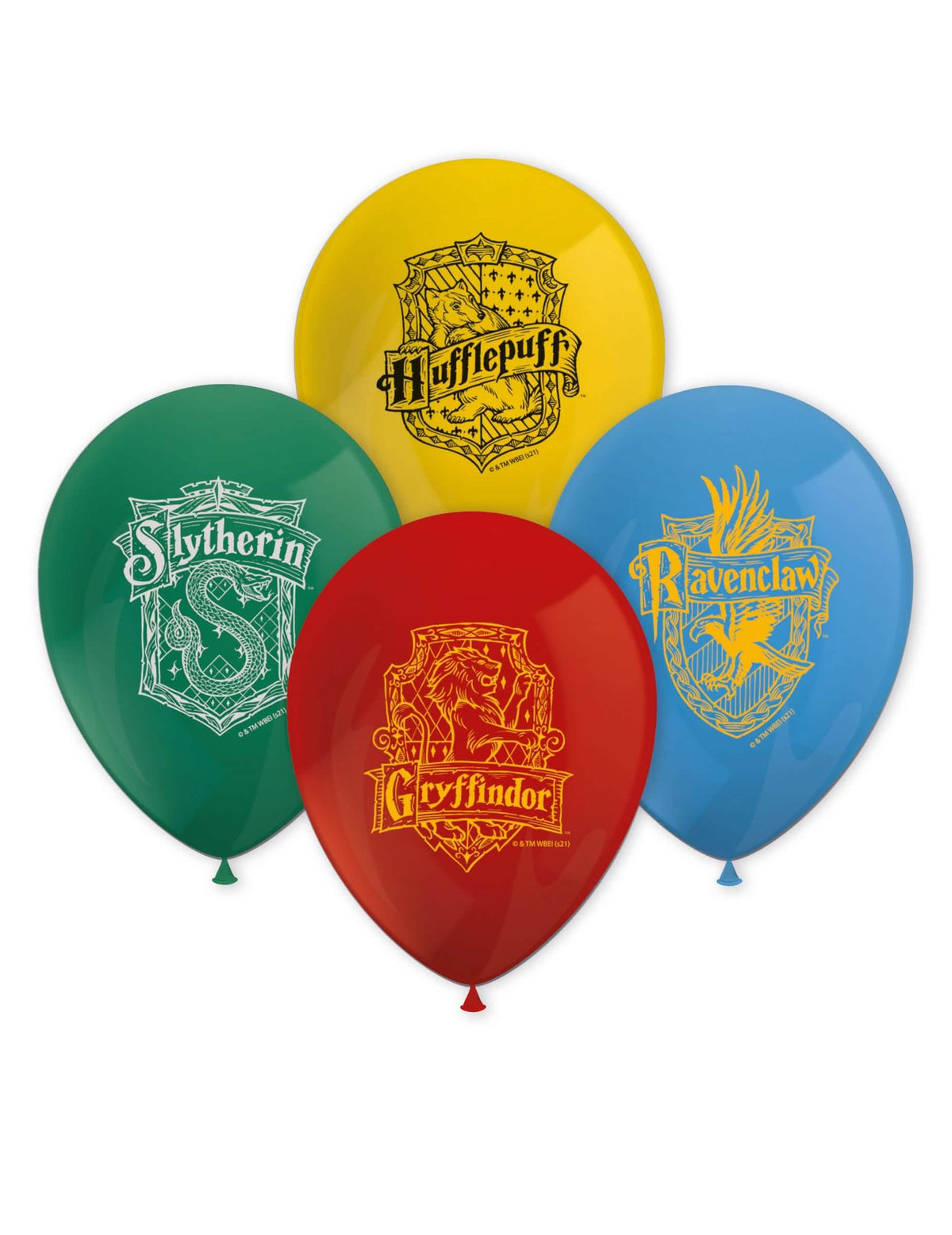 balões de baixe Harry Potter multicoloridos com os brasões das casas de Hogwarts