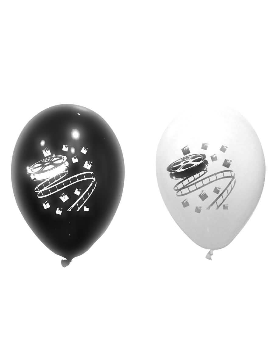 balões de látex cinema para festa pretos e brancos com motivos de película e claquete