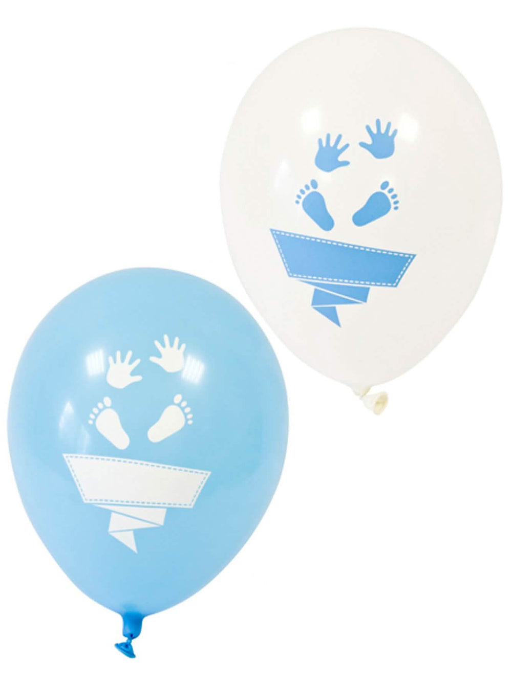 balões de látex pés e mãos para baby shower brancos e azuis