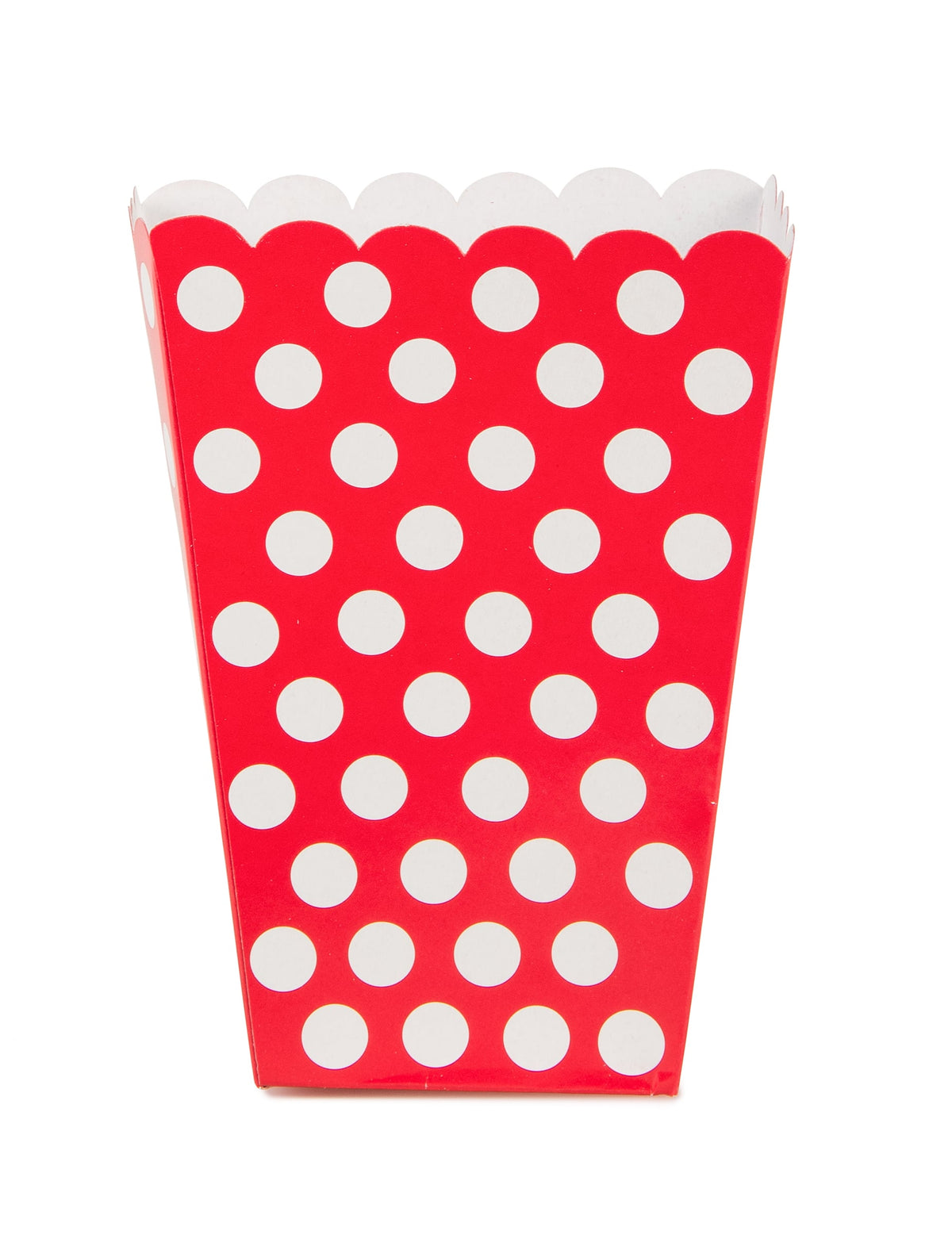 Vue de face de la boîte à pop corn rouge à pois blanc