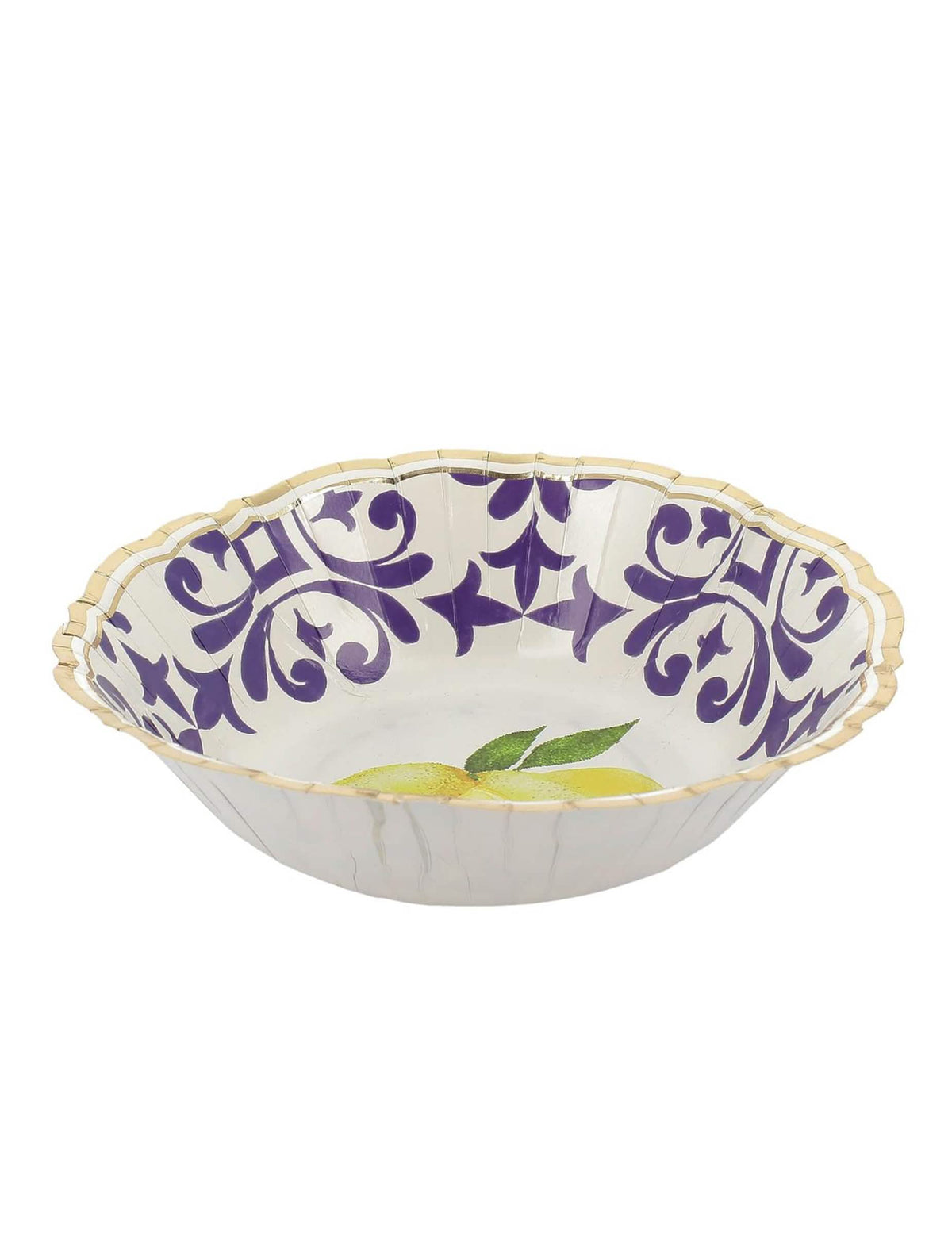 Taças de cartão com limões azul rei amarelo branco e dourado padrão floral mediterrânico