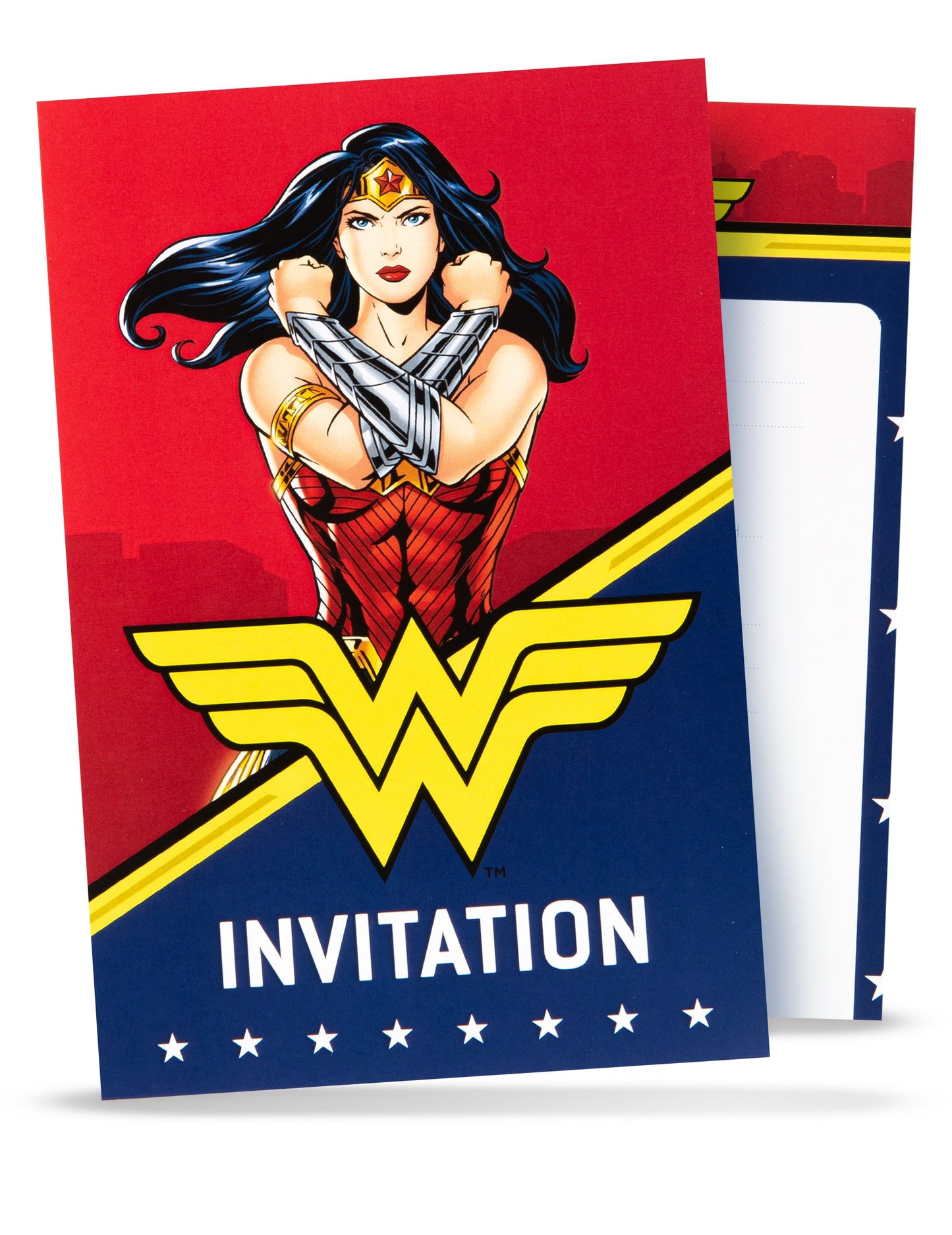Cartes d'invitation avec enveloppes Wonder Woman pour enfant rouge et bleue
