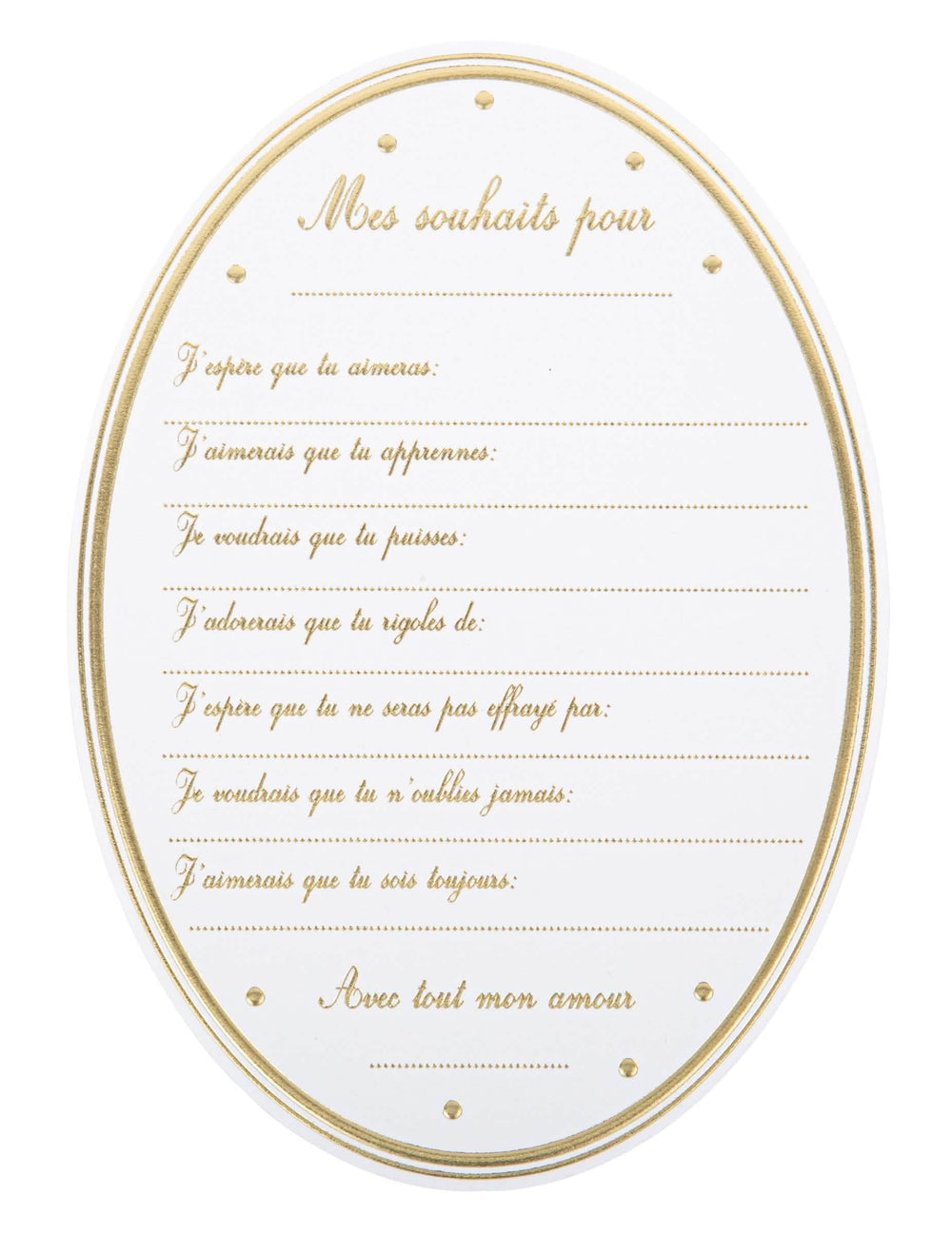 Cartes de souhaits baby shower pour fête blanches et dorées forme médaillon