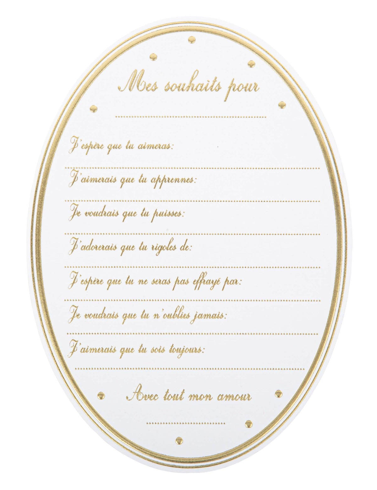 Cartes de souhaits baby shower pour fête blanches et dorées forme médaillon