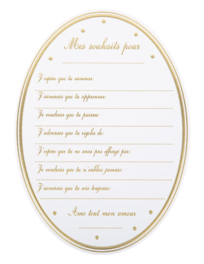 Cartes de souhaits baby shower pour fête blanches et dorées forme médaillon
