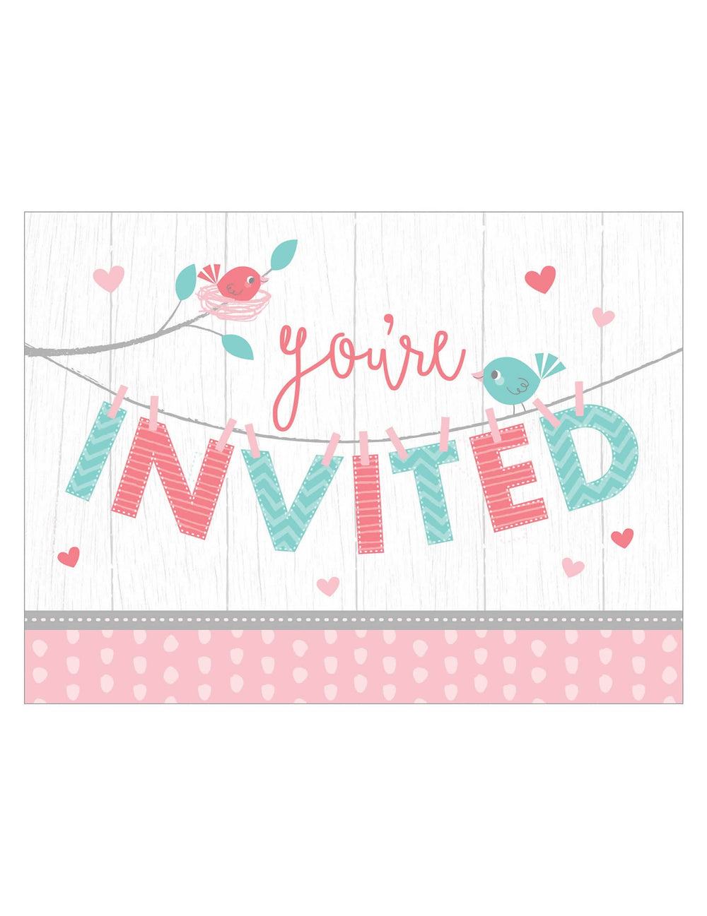 Cartões de convite hello baby para baby shower cor de rosa e azul com pássaros e corações