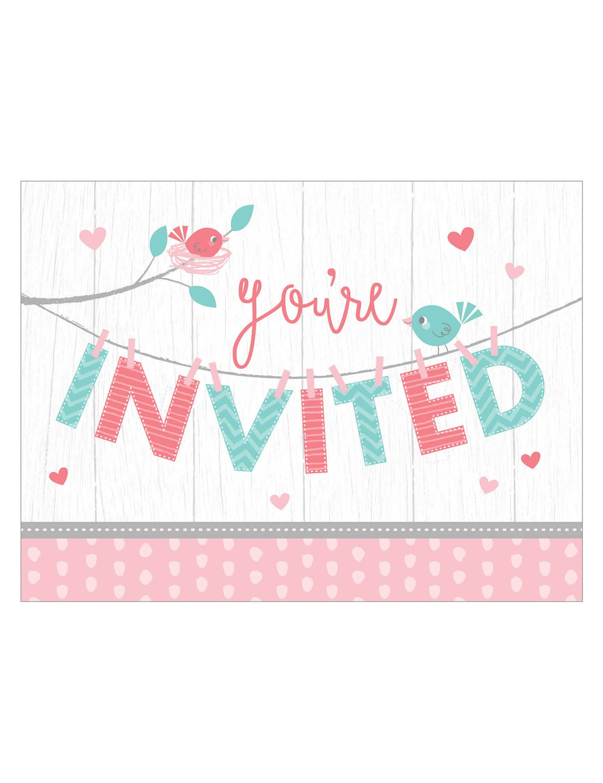 Cartões de convite hello baby para baby shower cor de rosa e azul com pássaros e corações