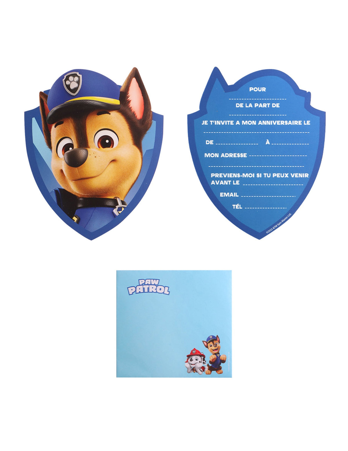 Cartons d'invitation avec enveloppes Chase Pat'Patrouille pour enfant bleus