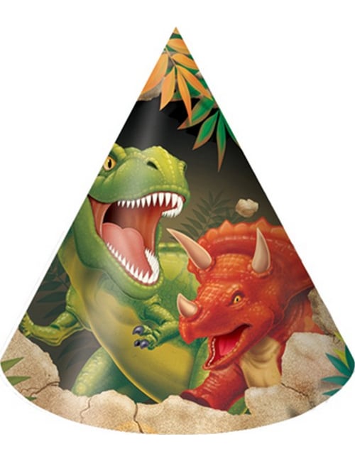 Chapeaux de fête en carton Dinosaures pour anniversaire avec T-Rex et Triceratops