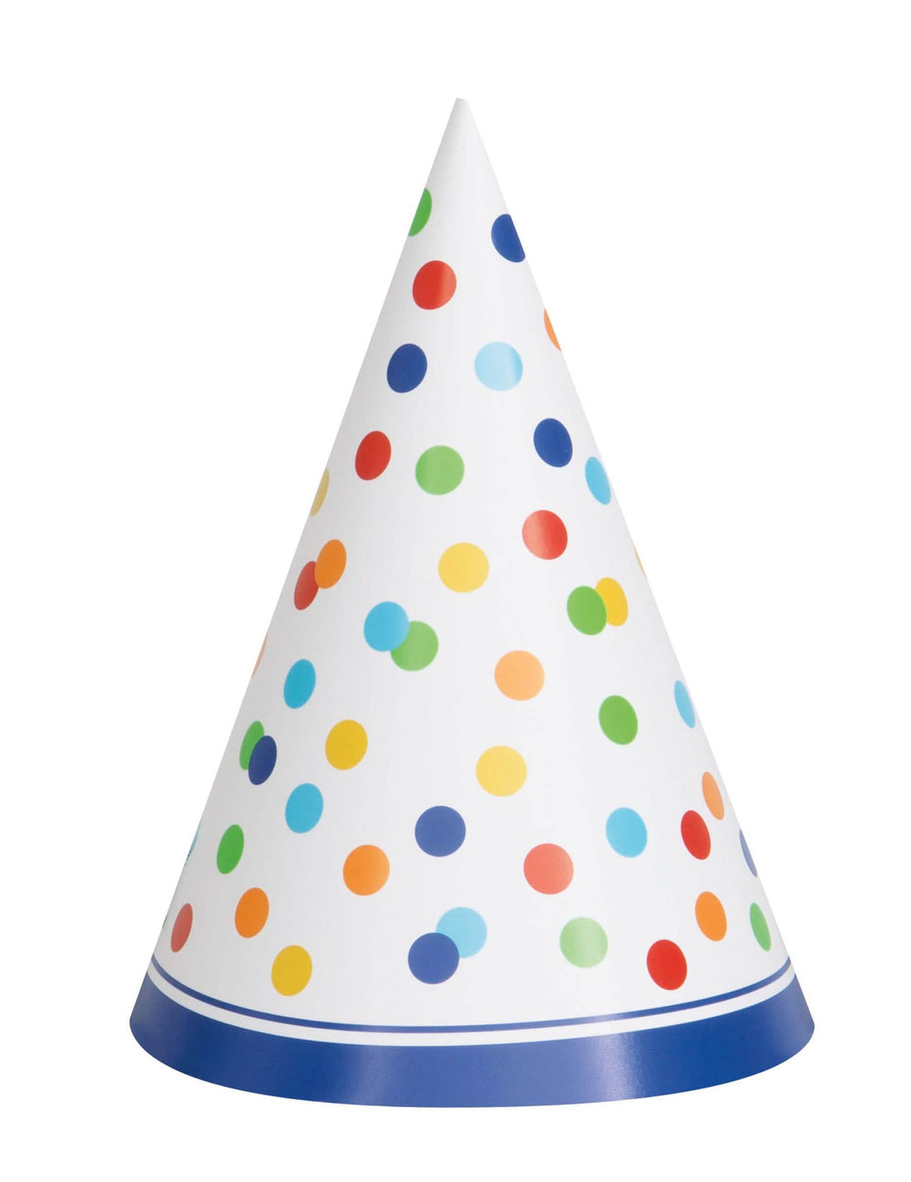 Chapéu de festa Happy Birthday com pontos coloridos, branco e multicores, em cartão com elástico