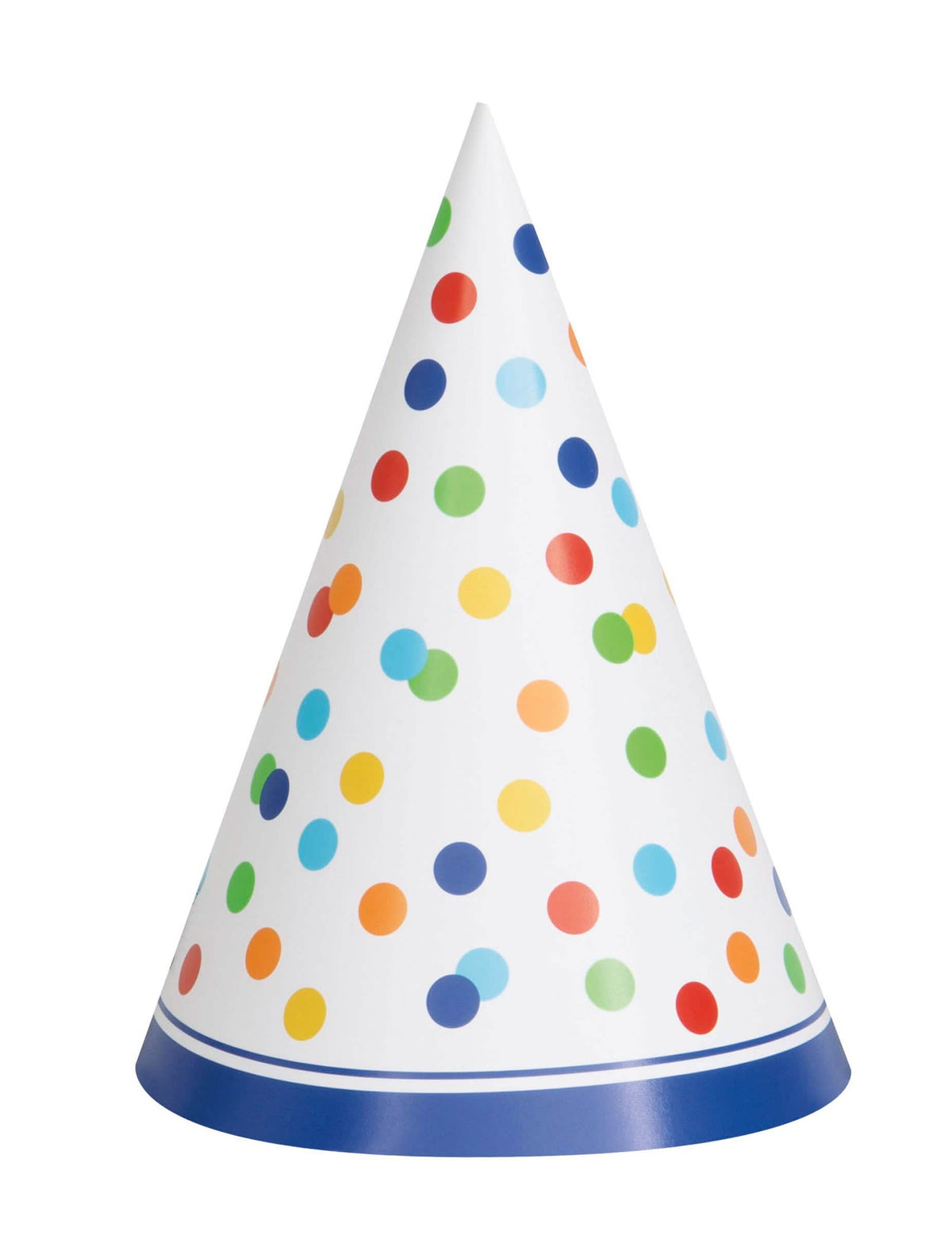 Chapéu de festa Happy Birthday com pontos coloridos, branco e multicores, em cartão com elástico