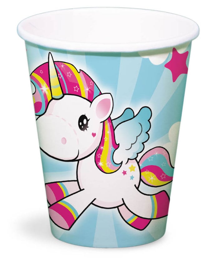 Gobelets en carton Licorne pour enfant bleu ciel et multicolore