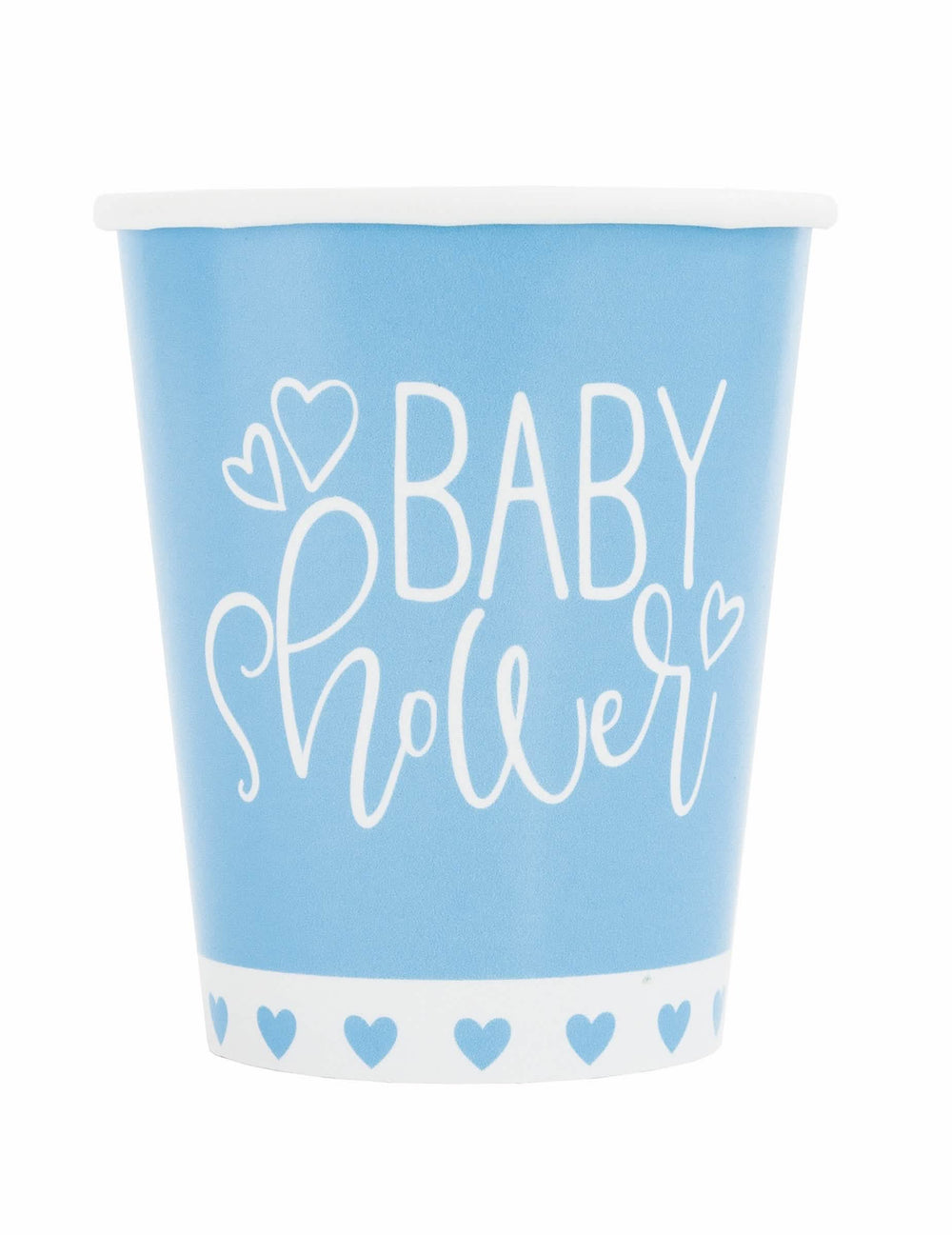 Copos de cartão azuis e brancos para Baby Shower com pequenos corações